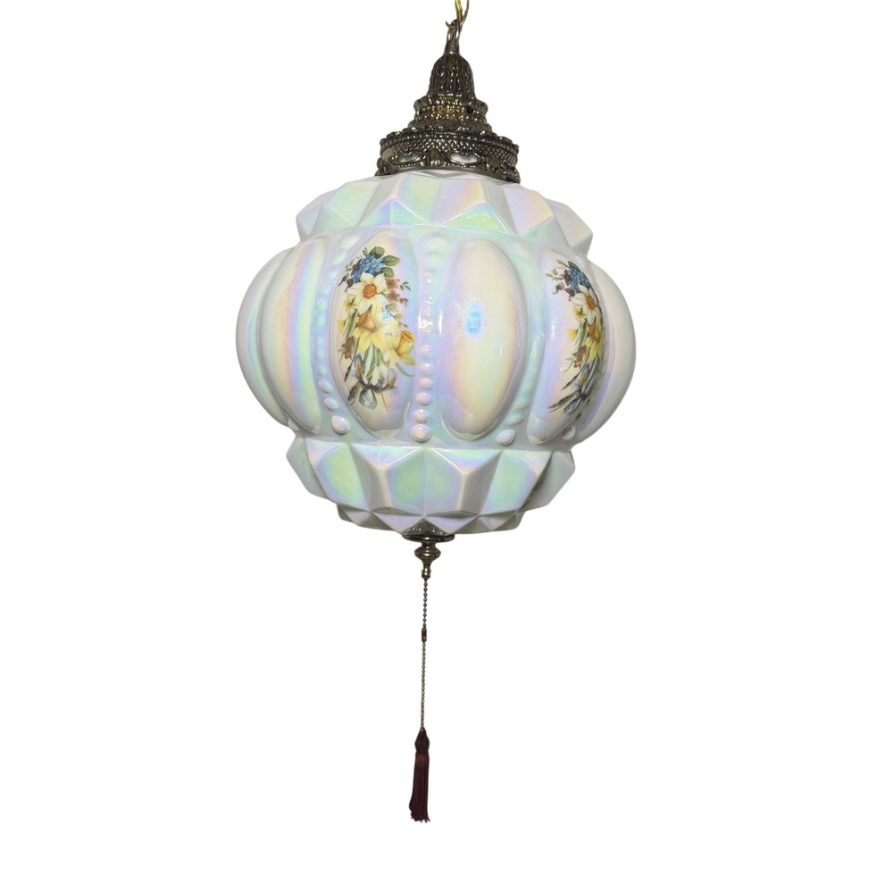 Vintage R.D. Dero Iridescent Milk Glass Swag Lamp Floral Hollywood Regency Brass